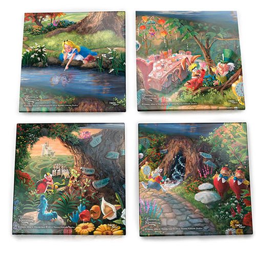Alice in Wonderland Thomas Kinkade StarFire Prints Glass Coaster Set